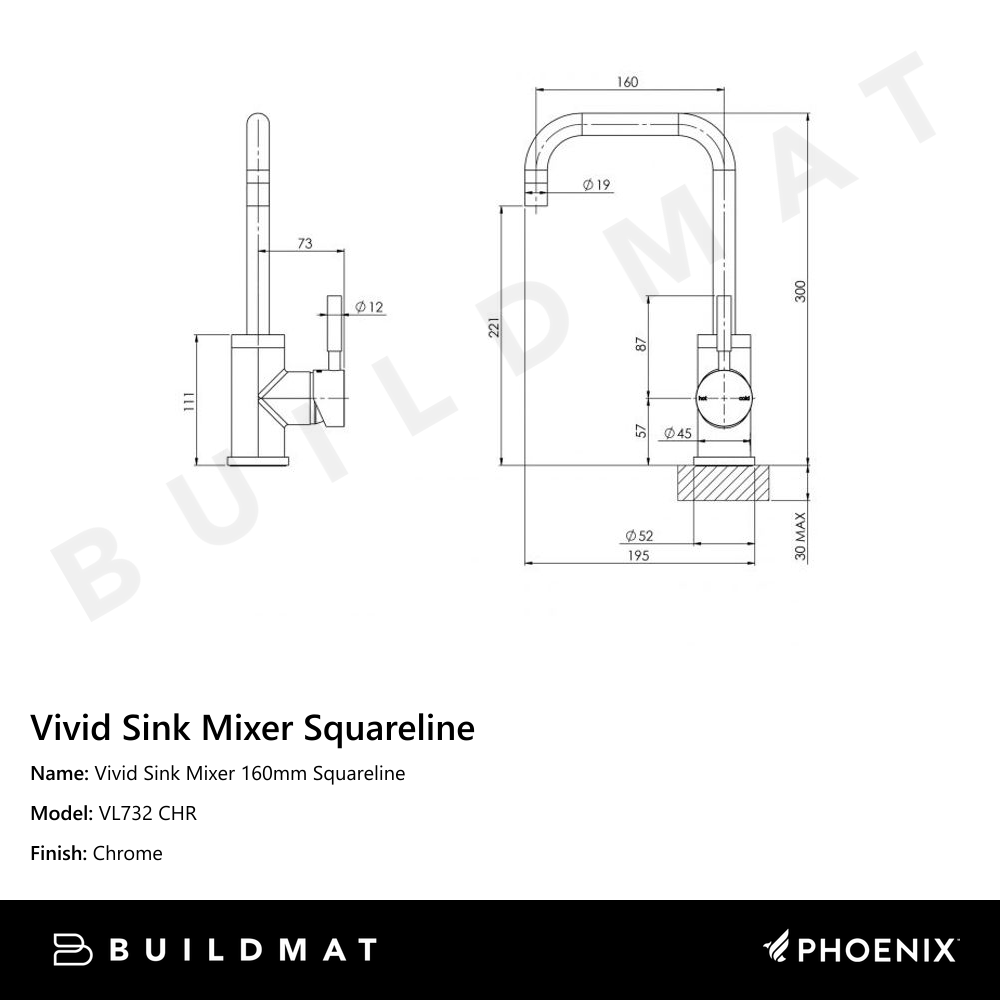 Vivid Sink Mixer 160mm Squareline Chrome