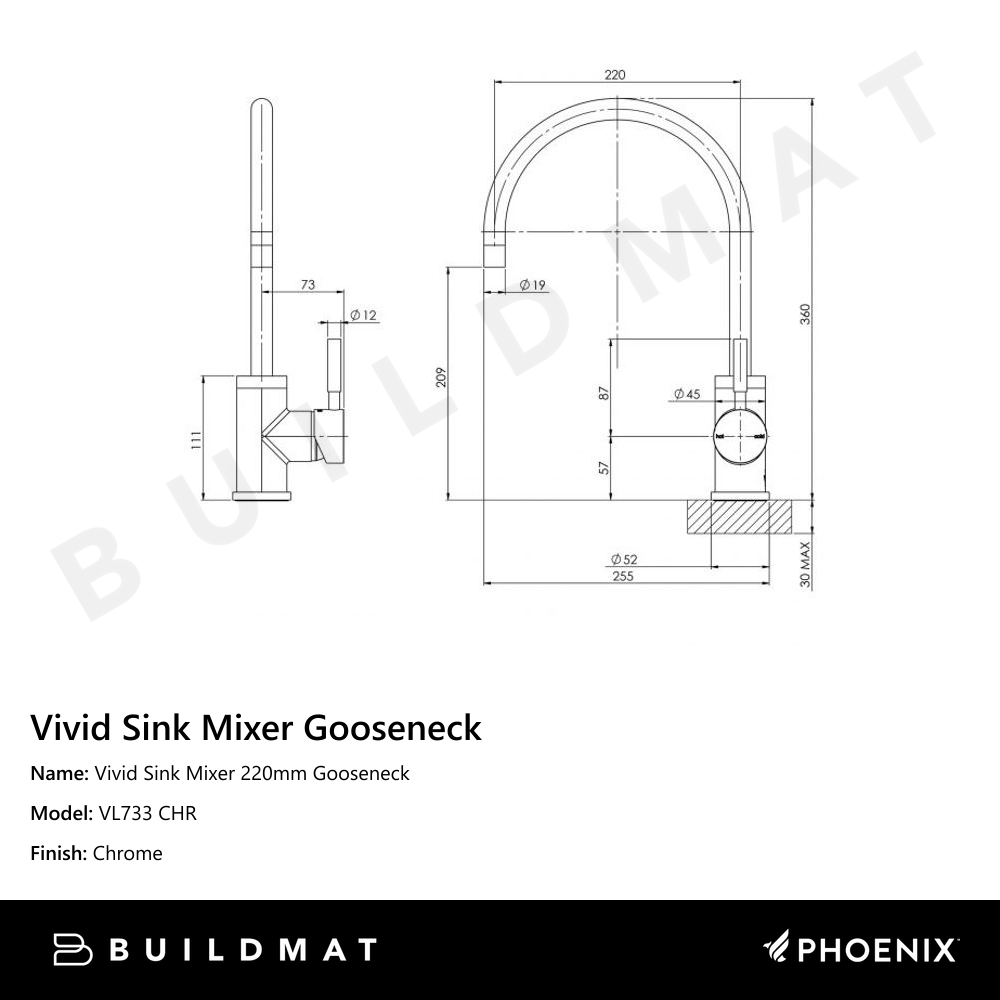 Vivid Sink Mixer 220mm Gooseneck  Chrome