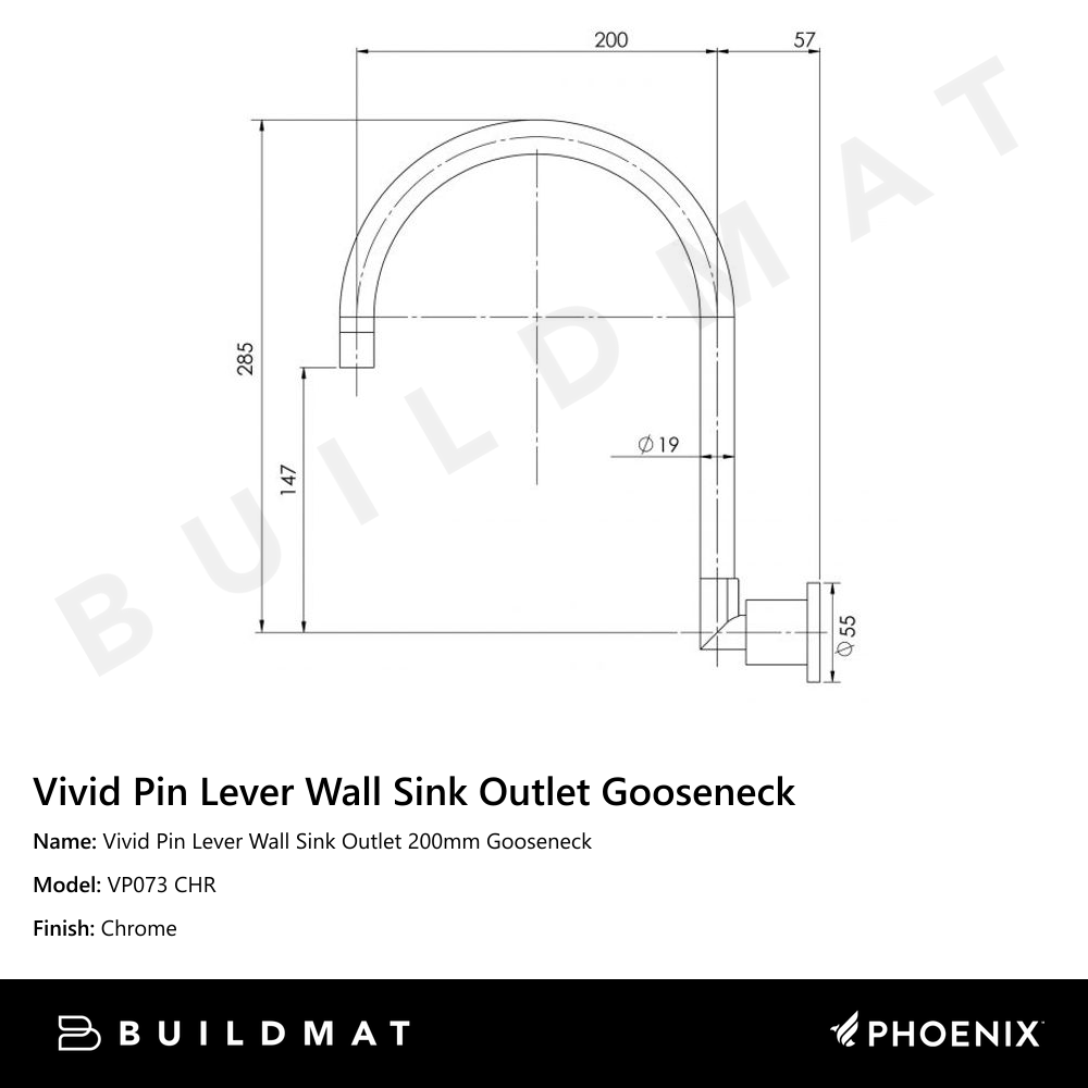 Vivid Pin Lever Wall Sink Outlet 200mm Gooseneck Chrome