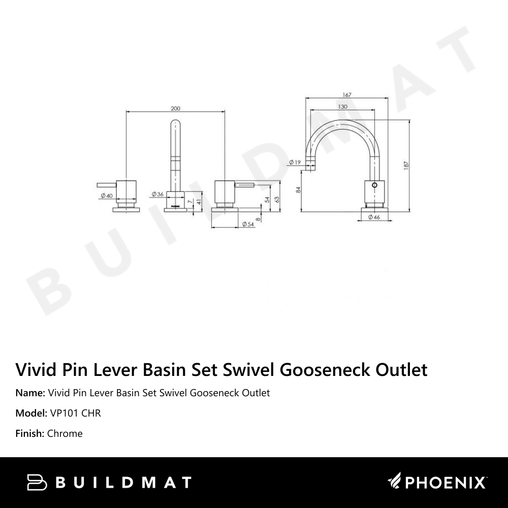 Vivid Pin Lever Basin Set Swivel Gooseneck Outlet Chrome