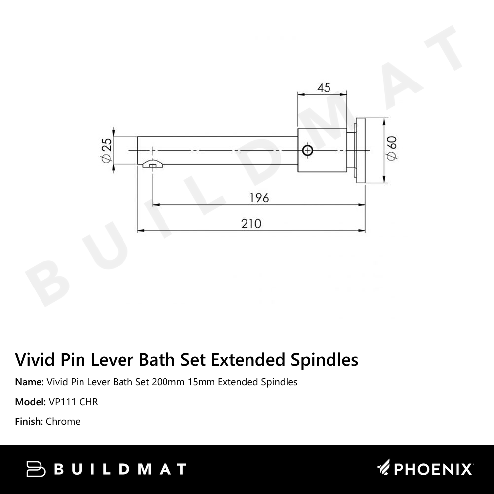 Vivid Pin Lever Bath Set 200mm 15mm Extended Spindles Chrome