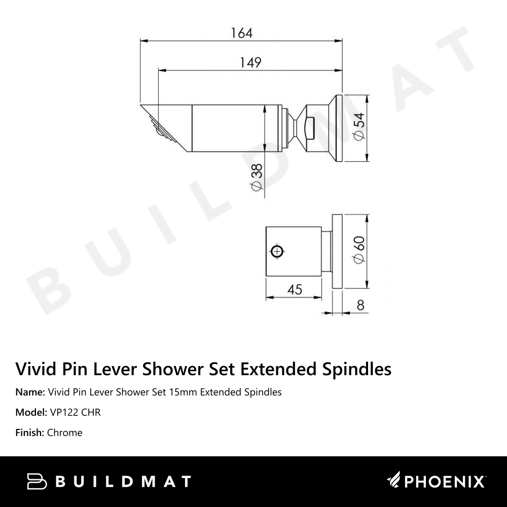 Vivid Pin Lever Shower Set 15mm Extended Spindles Chrome