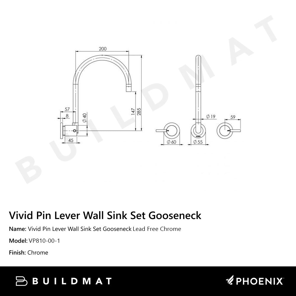 Vivid Pin Lever Wall Sink Set 200mm Gooseneck Lead Free Chrome