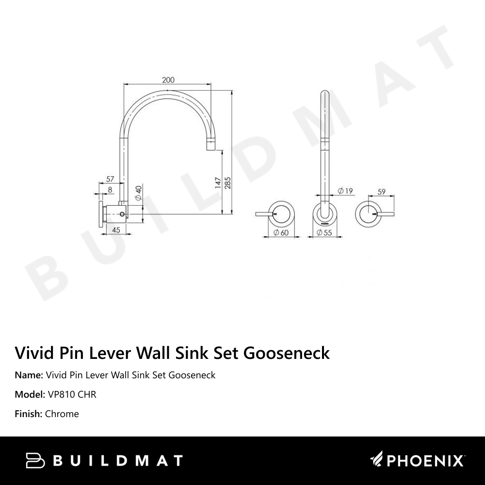 Vivid Pin Lever Wall Sink Set 200mm Gooseneck Chrome