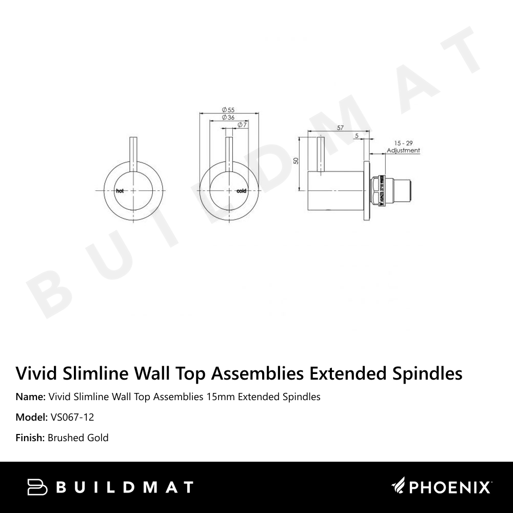 Vivid Slimline Wall Top Assemblies 15mm Extended Spindles Brushed Gold