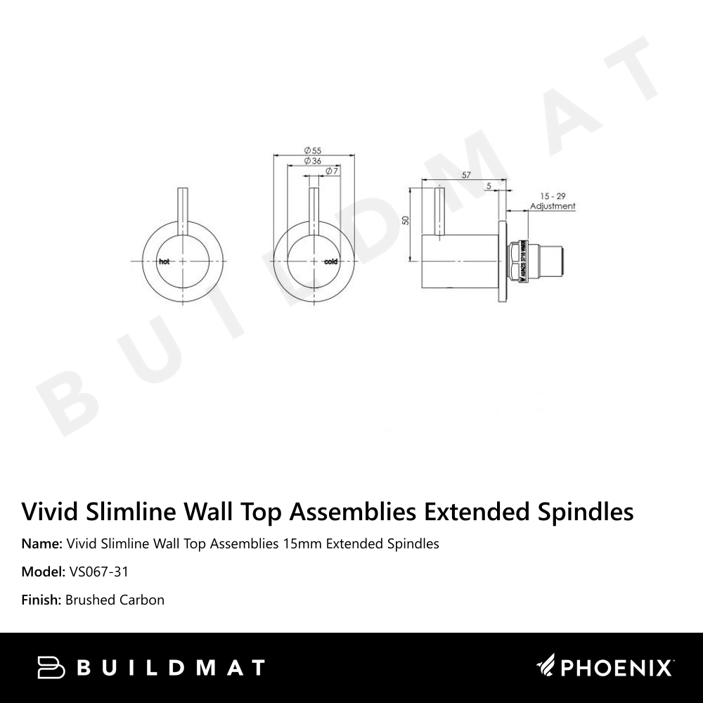 Vivid Slimline Wall Top Assemblies 15mm Extended Spindles Brushed Carbon