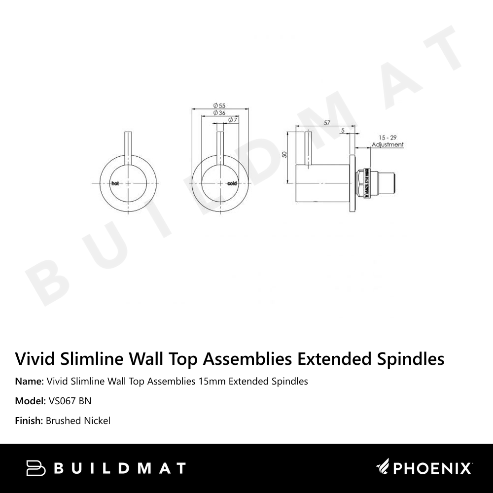 Vivid Slimline Wall Top Assemblies 15mm Extended Spindles Brushed Nickel