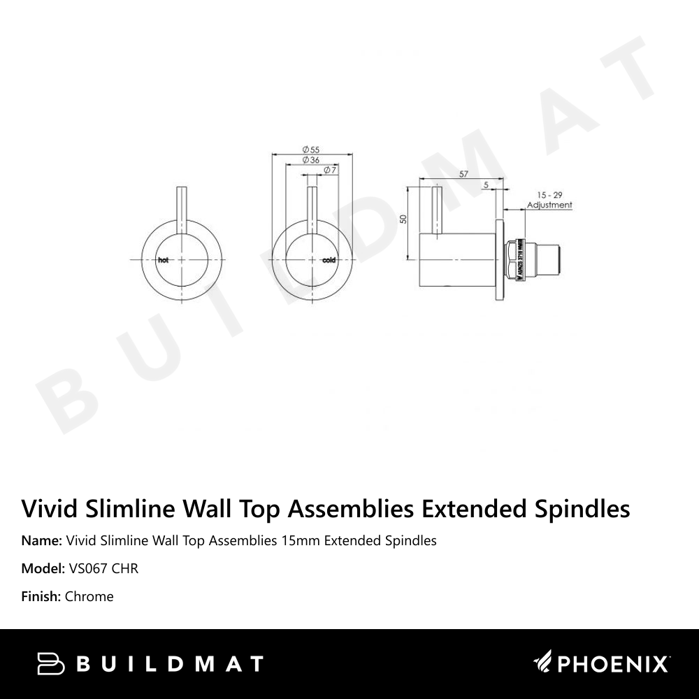 Vivid Slimline Wall Top Assemblies 15mm Extended Spindles Chrome