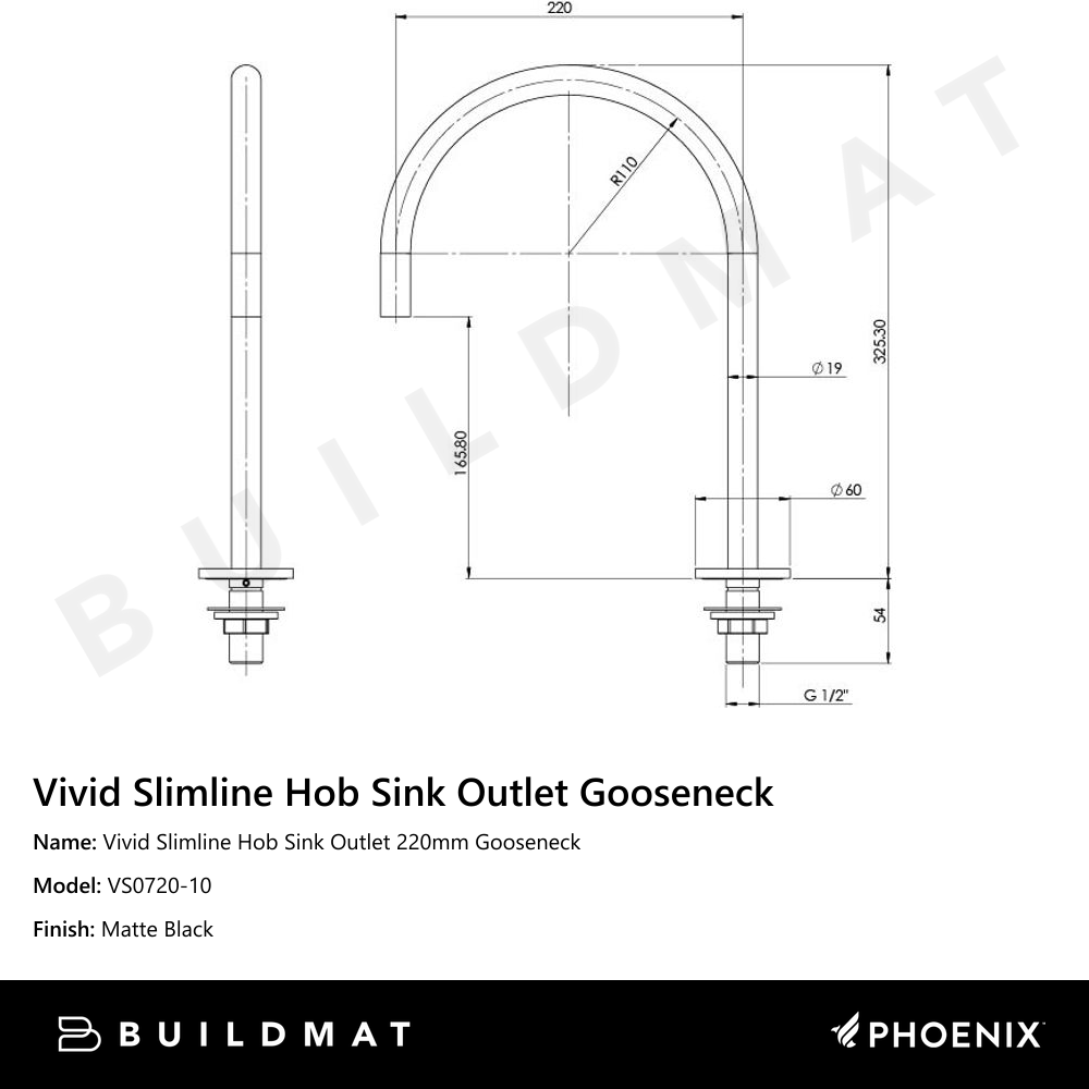 Vivid Slimline Hob Sink Outlet 220mm Gooseneck Matte Black