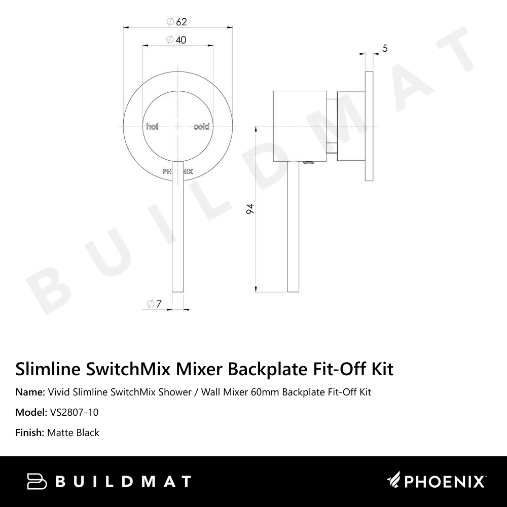 Vivid Slimline SwitchMix Shower / Wall Mixer 60mm Backplate Fit-Off Kit Matte Black