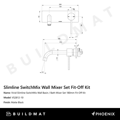 Vivid Slimline SwitchMix Wall Basin / Bath Mixer Set 180mm Fit-Off Kit Matte Black