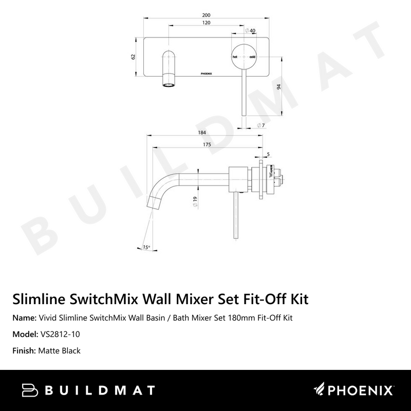 Vivid Slimline SwitchMix Wall Basin / Bath Mixer Set 180mm Fit-Off Kit Matte Black