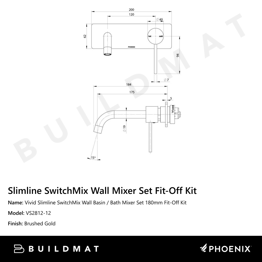 Vivid Slimline SwitchMix Wall Basin / Bath Mixer Set 180mm Fit-Off Kit Brushed Gold