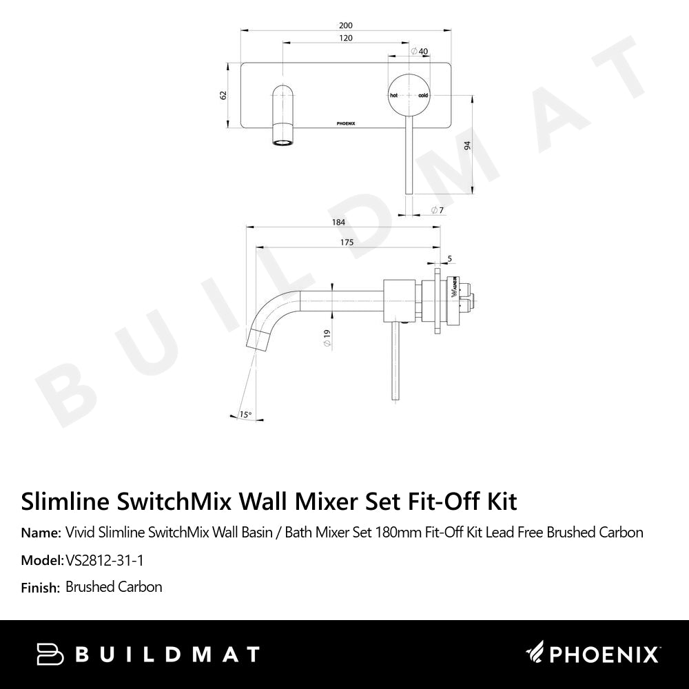 Vivid Slimline SwitchMix Wall Basin / Bath Mixer Set 180mm Fit-Off Kit Lead Free Brushed Carbon