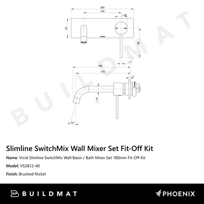 Vivid Slimline SwitchMix Wall Basin / Bath Mixer Set 180mm Fit-Off Kit Brushed Nickel