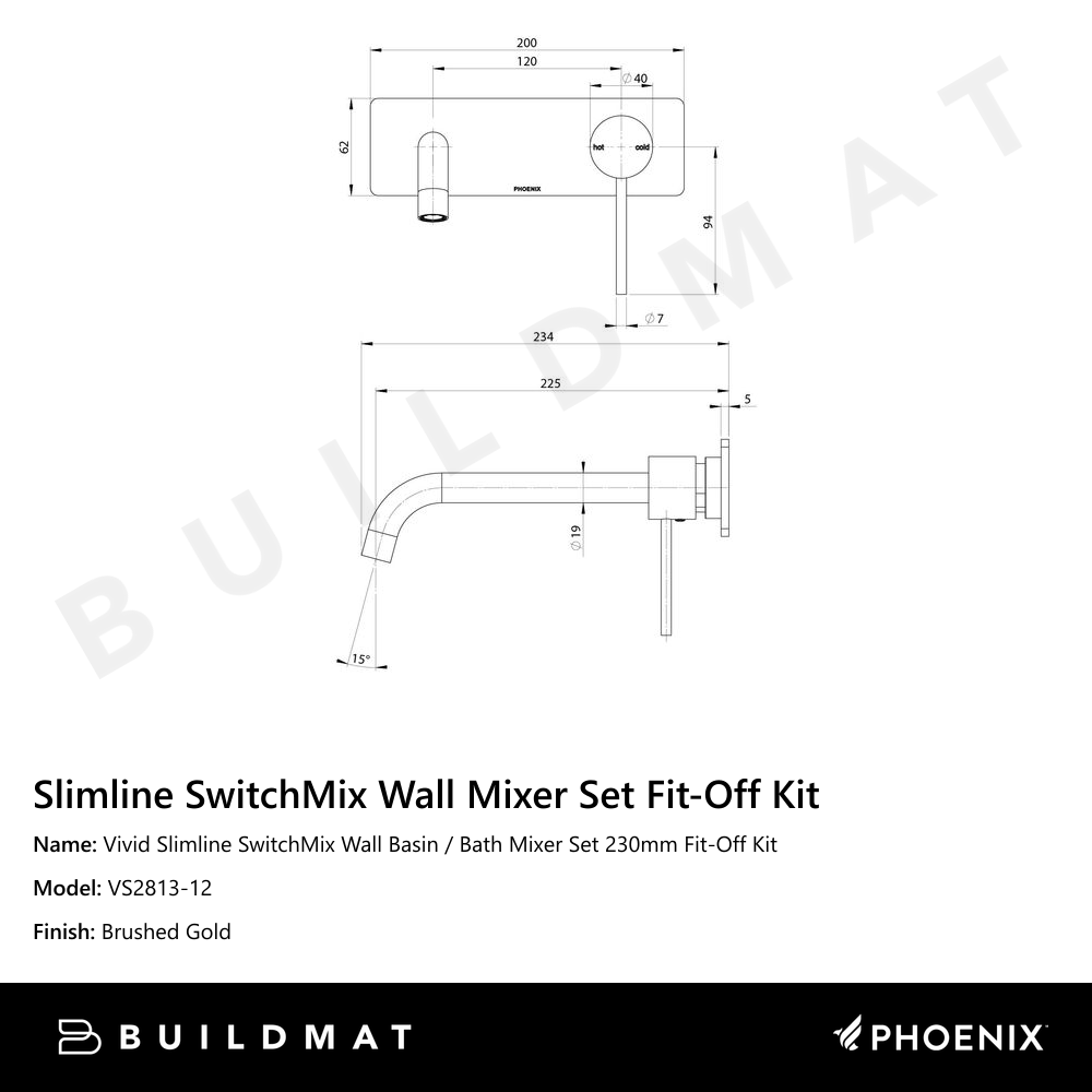 Vivid Slimline SwitchMix Wall Basin / Bath Mixer Set 230mm Fit-Off Kit Brushed Gold