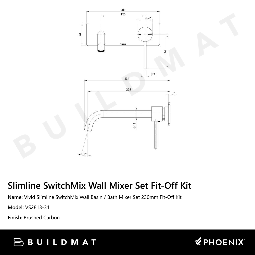 Vivid Slimline SwitchMix Wall Basin / Bath Mixer Set 230mm Fit-Off Kit Brushed Carbon