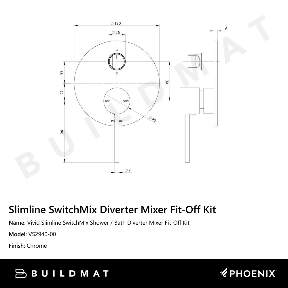 Vivid Slimline SwitchMix Shower / Bath Diverter Mixer Fit-Off Kit  Chrome