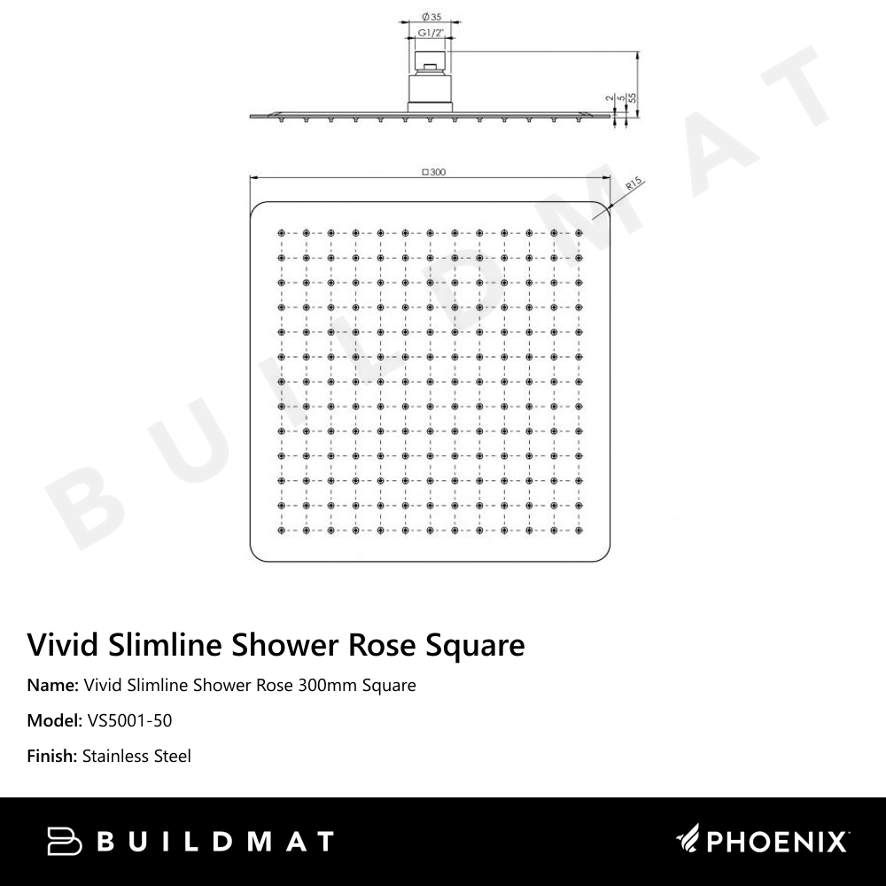 Vivid Slimline Shower Rose 300mm Square Stainless Steel