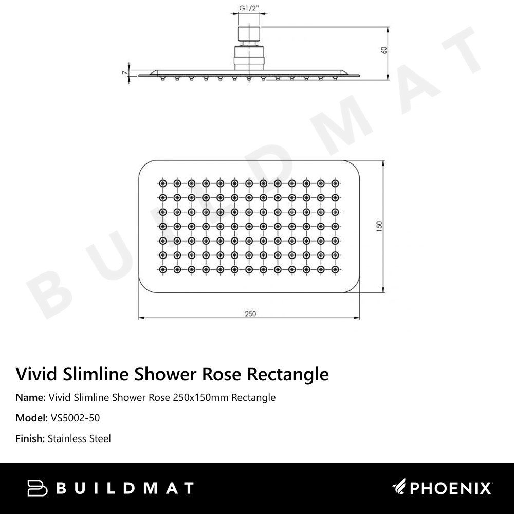 Vivid Slimline Shower Rose 250x150mm Rectangle Stainless Steel