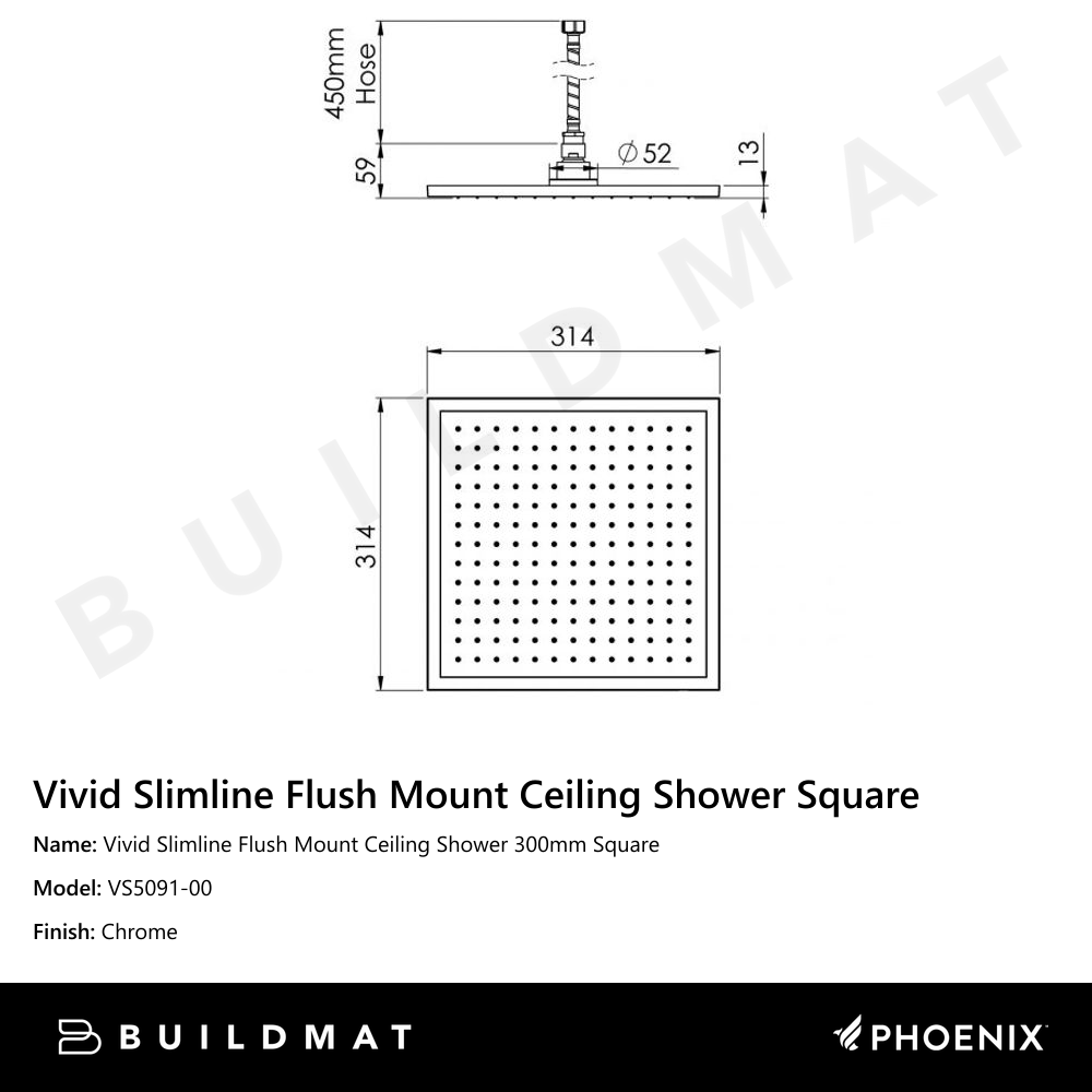 Vivid Slimline Flush Mount Ceiling Shower 300mm Square Chrome