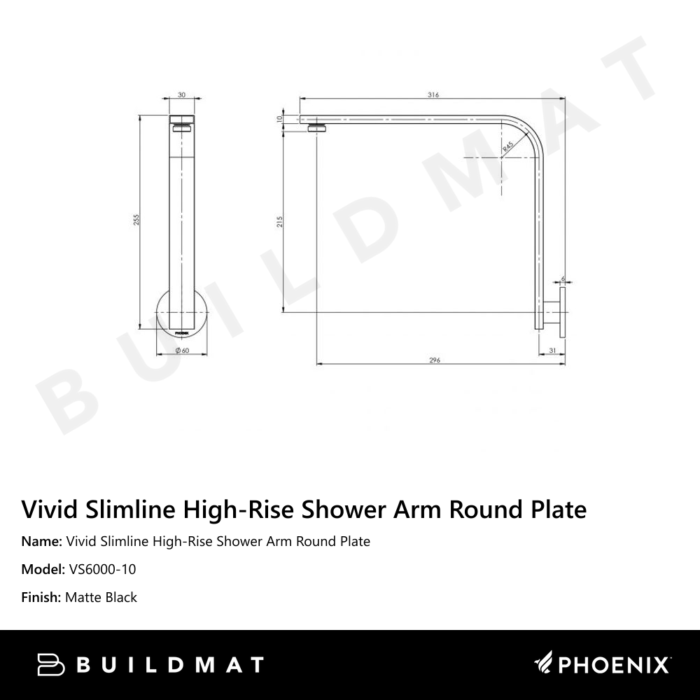 Vivid Slimline High-Rise Shower Arm Round Plate Matte Black