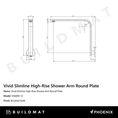 Vivid Slimline High-Rise Shower Arm Round Plate Brushed Gold