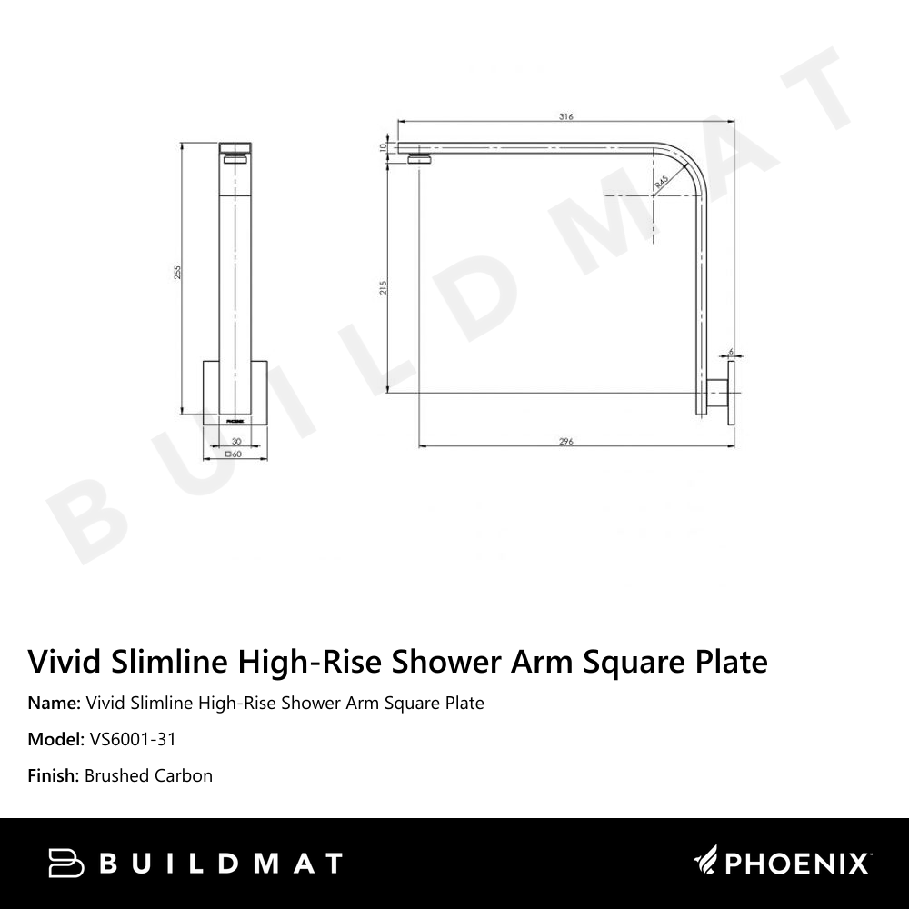 Vivid Slimline High-Rise Shower Arm Square Plate Brushed Carbon