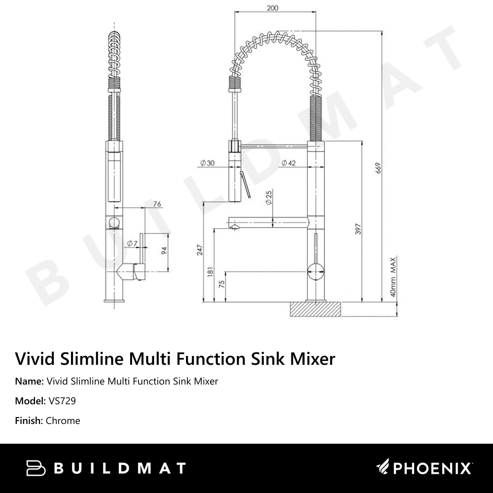 Vivid Slimline Multi Function Sink Mixer 200mm Chrome