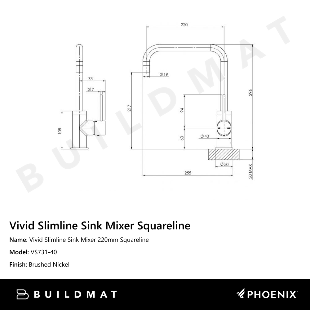 Vivid Slimline Sink Mixer 220mm Squareline Brushed Nickel