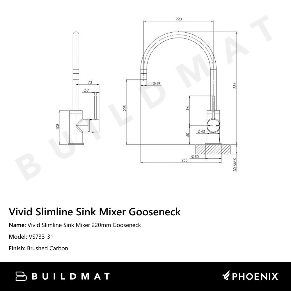 Vivid Slimline Sink Mixer 220mm Gooseneck Brushed Carbon