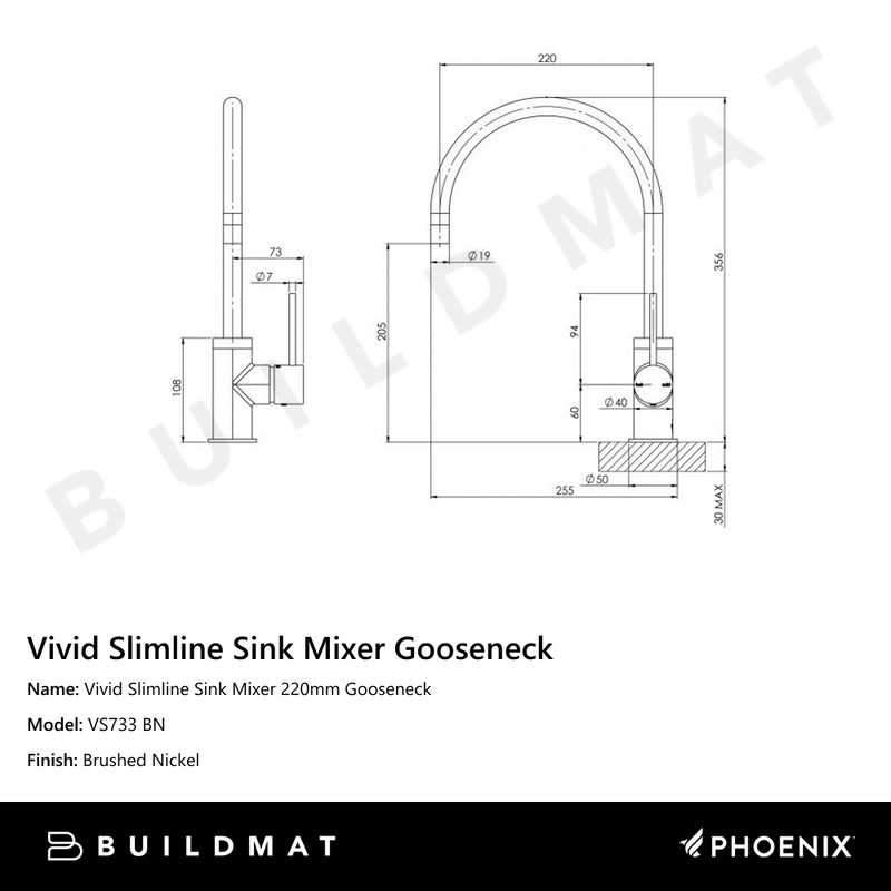 Vivid Slimline Sink Mixer 220mm Gooseneck Brushed Nickel