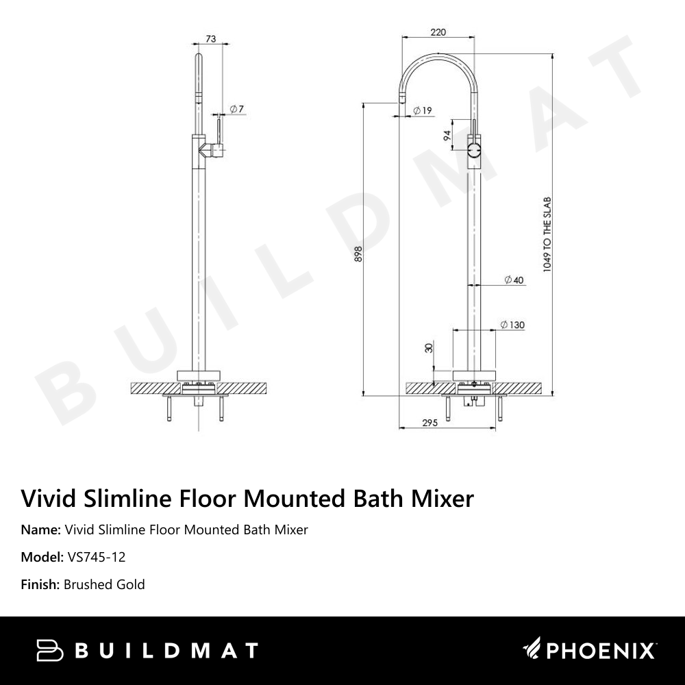 Vivid Slimline Floor Mounted Bath Mixer Brushed Gold