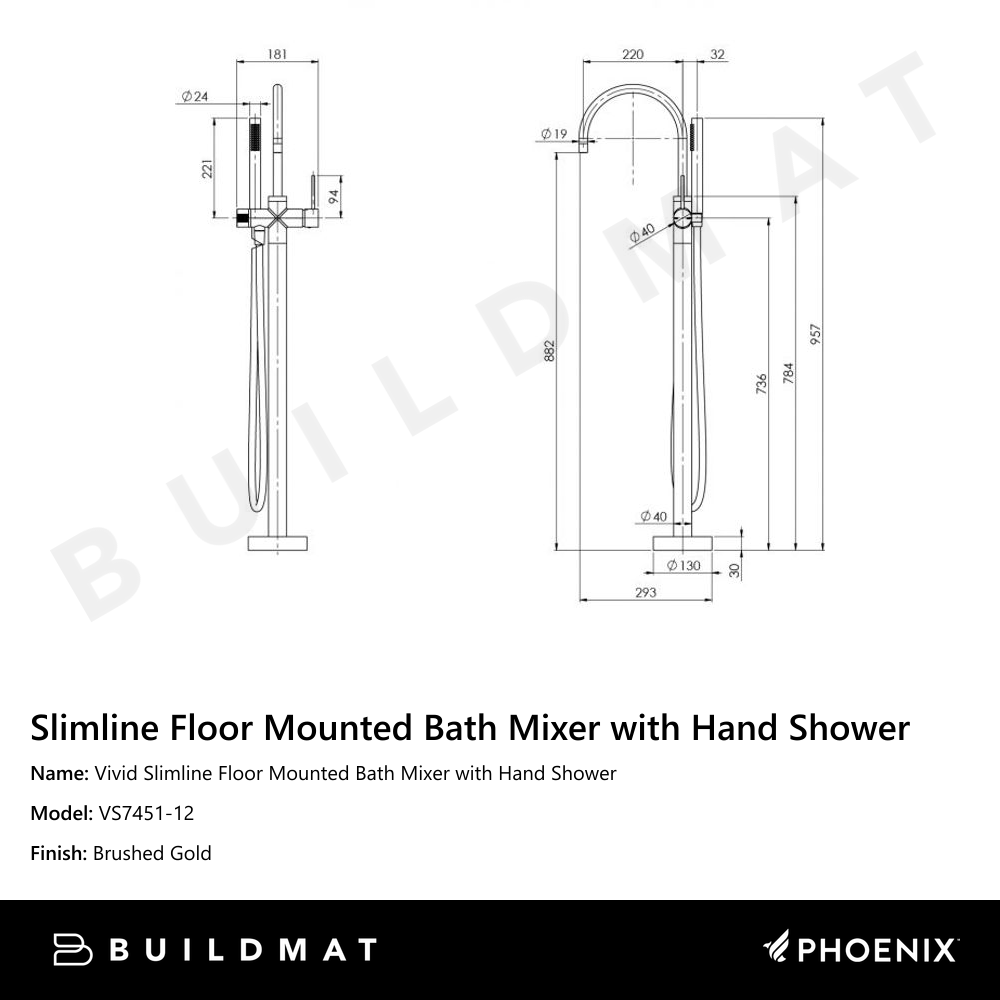 Vivid Slimline Floor Mounted Bath Mixer with Hand Shower Brushed Gold