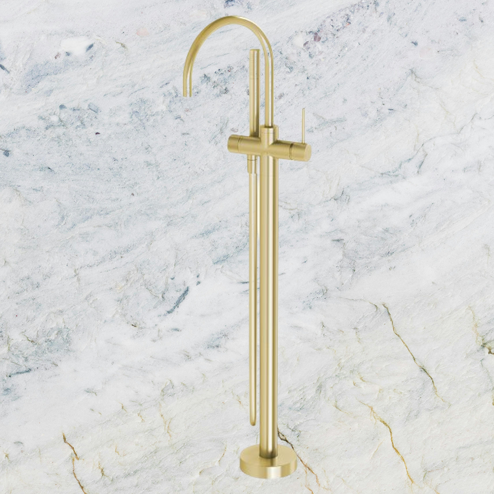 Vivid Slimline Floor Mounted Bath Mixer with Hand Shower Brushed Gold