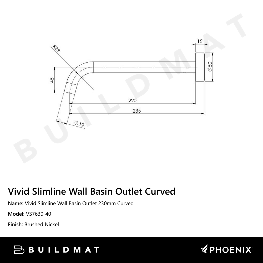 Vivid Slimline Basin Outlet 230mm Curved Brushed Nickel