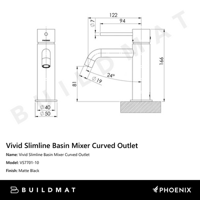Vivid Slimline Basin Mixer Curved Outlet  Matte Black