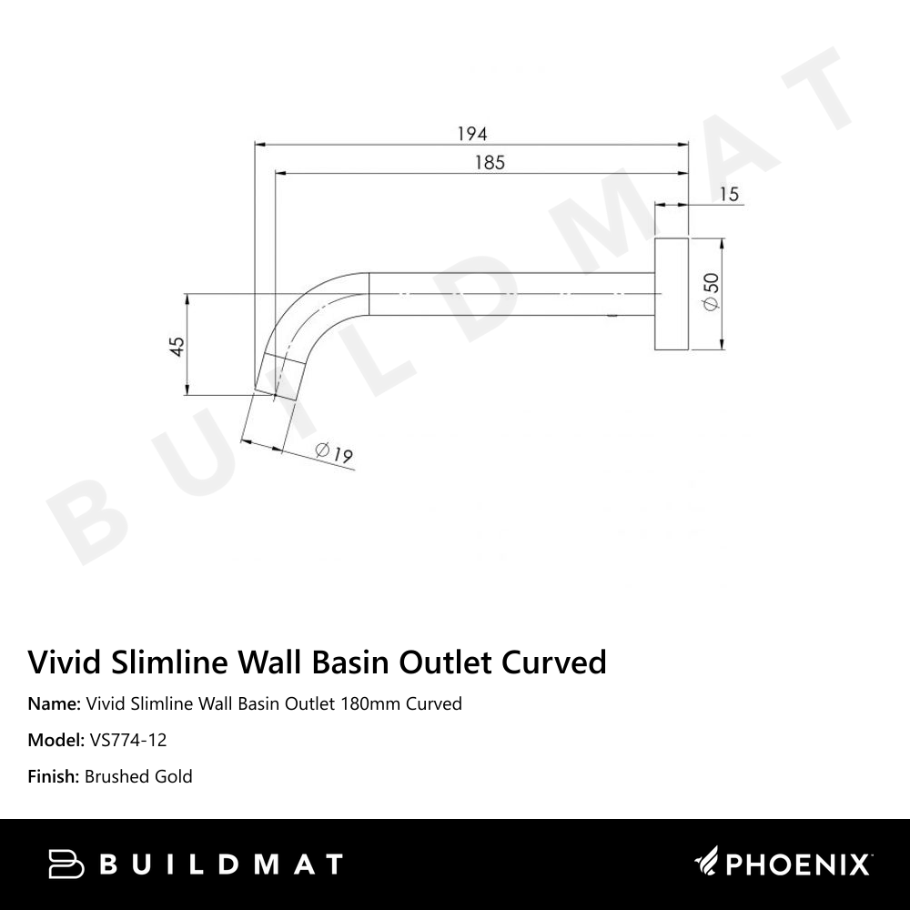 Vivid Slimline Wall Basin Outlet 180mm Curved Brushed Gold