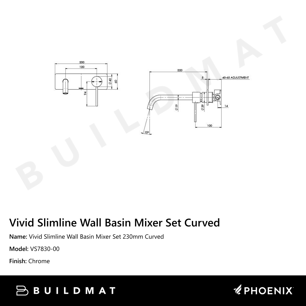 Vivid Slimline Wall Basin Mixer Set 230mm Curved Chrome