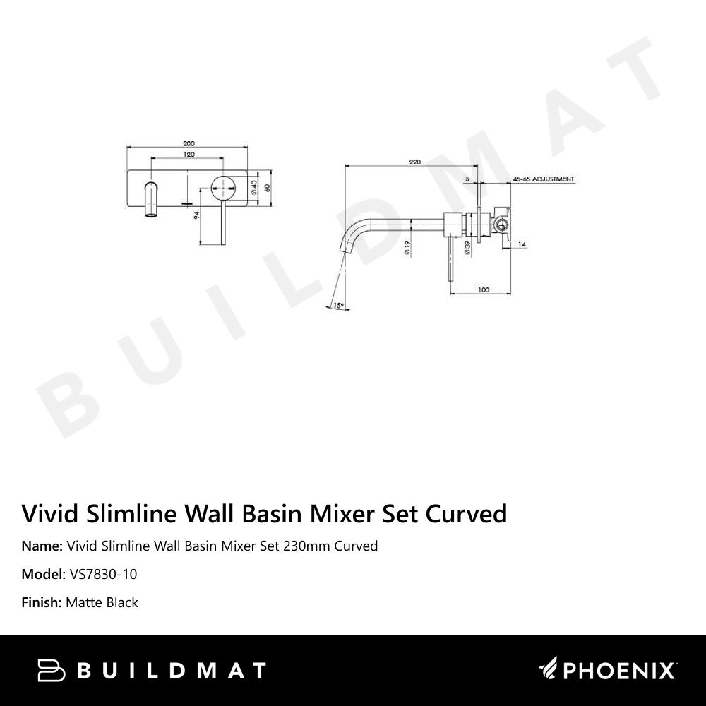 Vivid Slimline Wall Basin Mixer Set 230mm Curved Matte Black