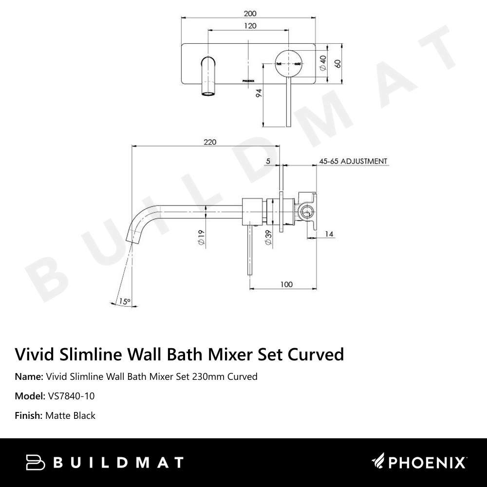 Vivid Slimline Wall Bath Mixer Set 230mm Curved Matte Black