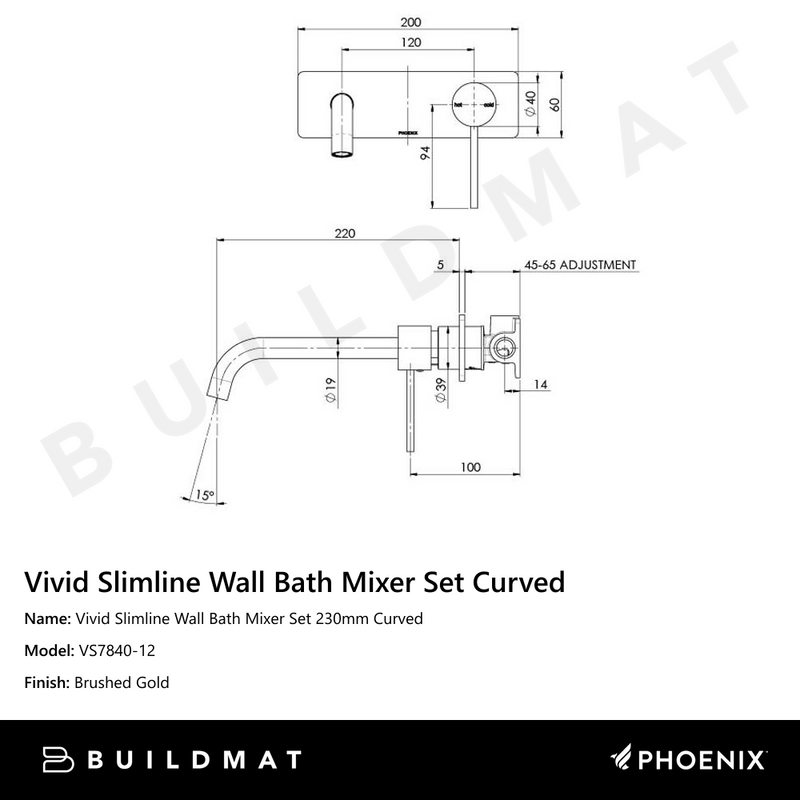 Vivid Slimline Wall Bath Mixer Set 230mm Curved Brushed Gold