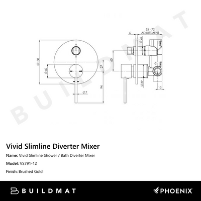 Vivid Slimline Shower / Bath Diverter Mixer Brushed Gold