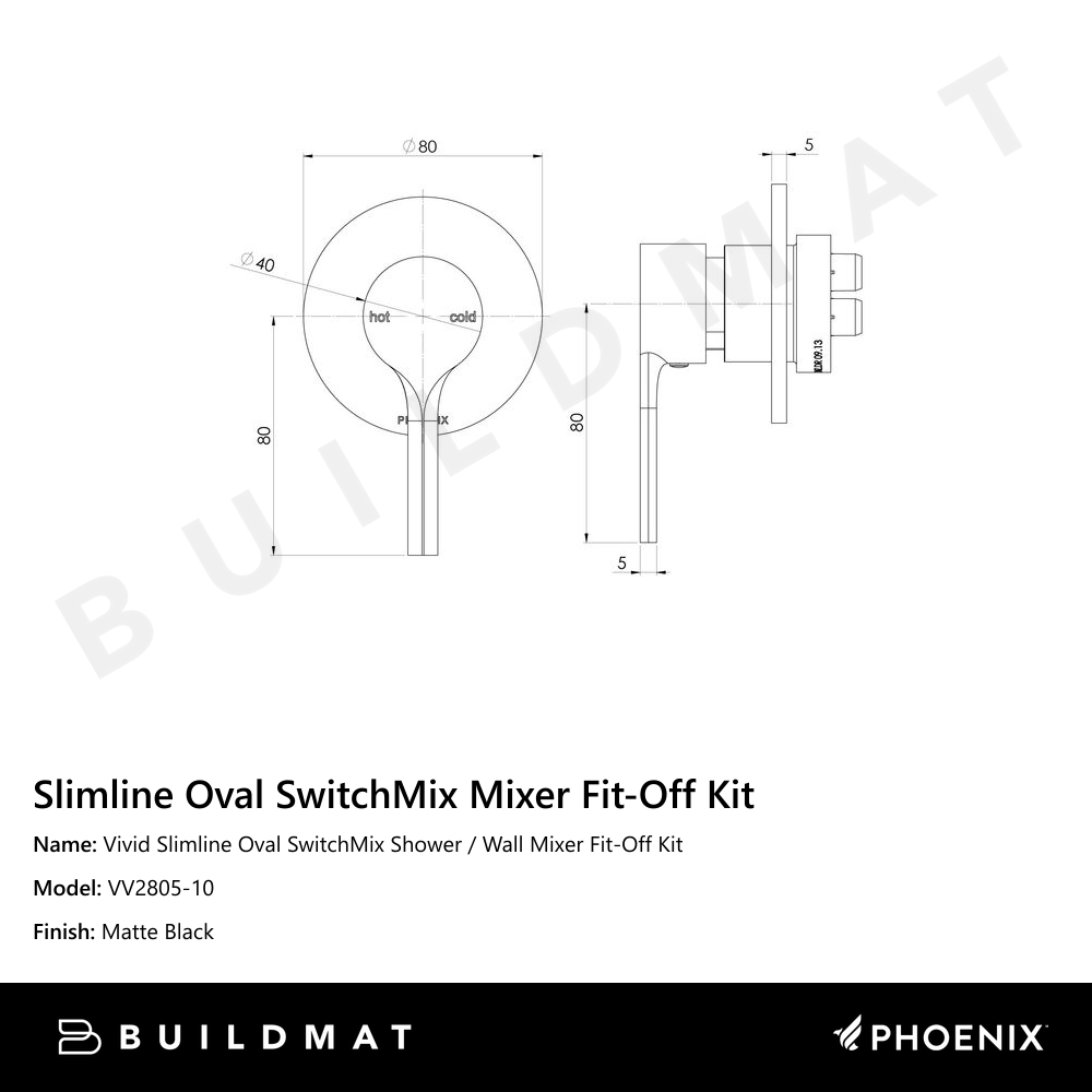 Vivid Slimline Oval SwitchMix Shower / Wall Mixer Fit-Off Kit  Matte Black