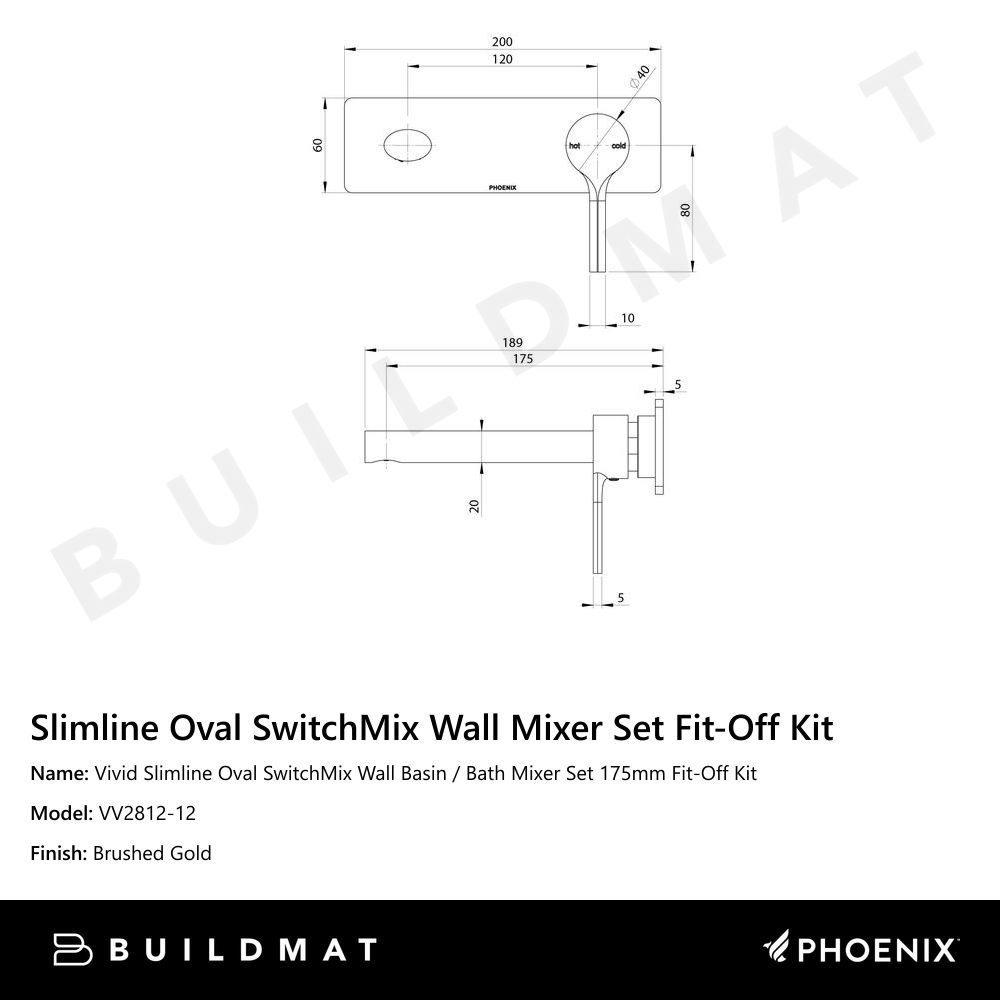 Vivid Slimline Oval SwitchMix Wall Basin / Bath Mixer Set 175mm Fit-Off Kit Brushed Gold