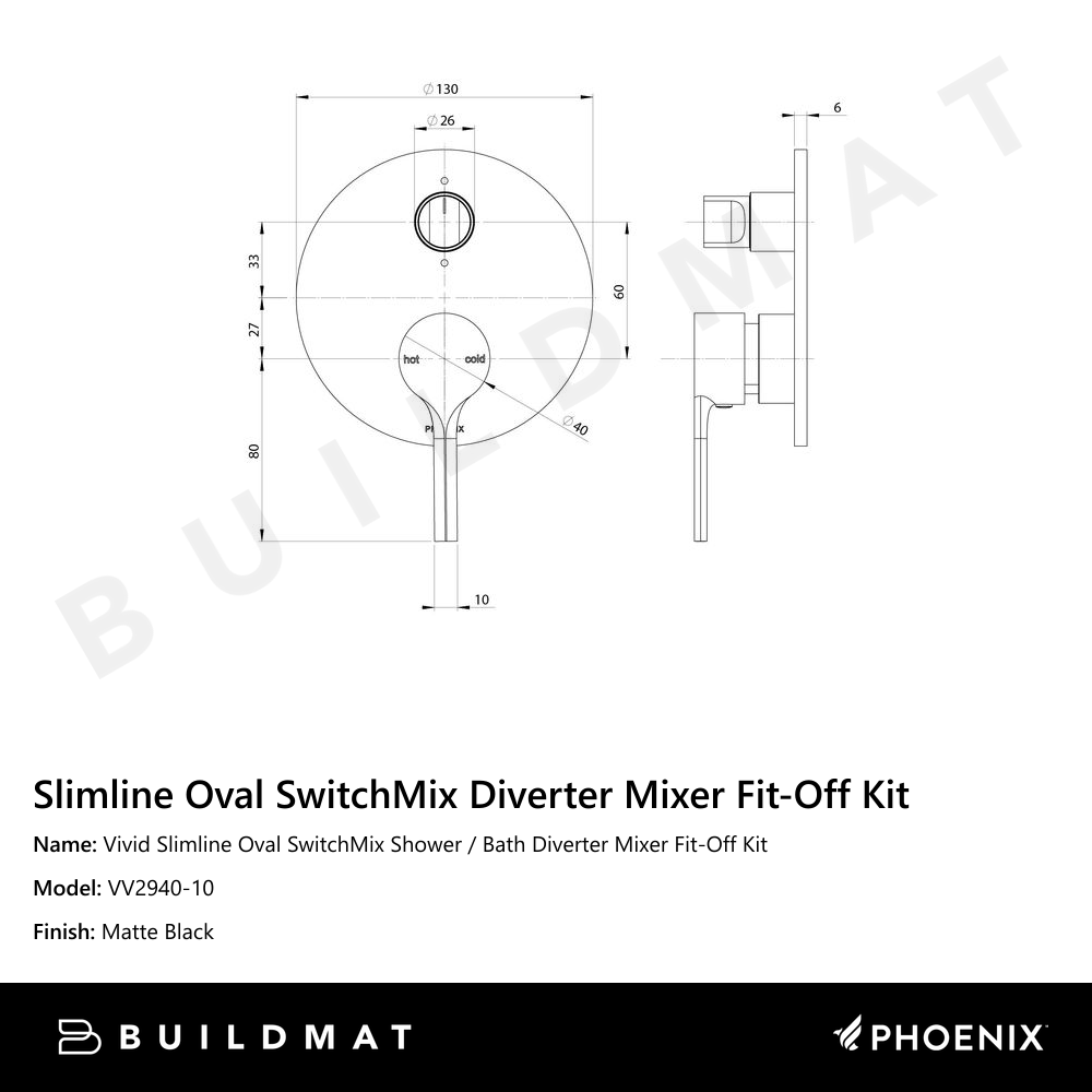 Vivid Slimline Oval SwitchMix Shower / Bath Diverter Mixer Fit-Off Kit  Matte Black