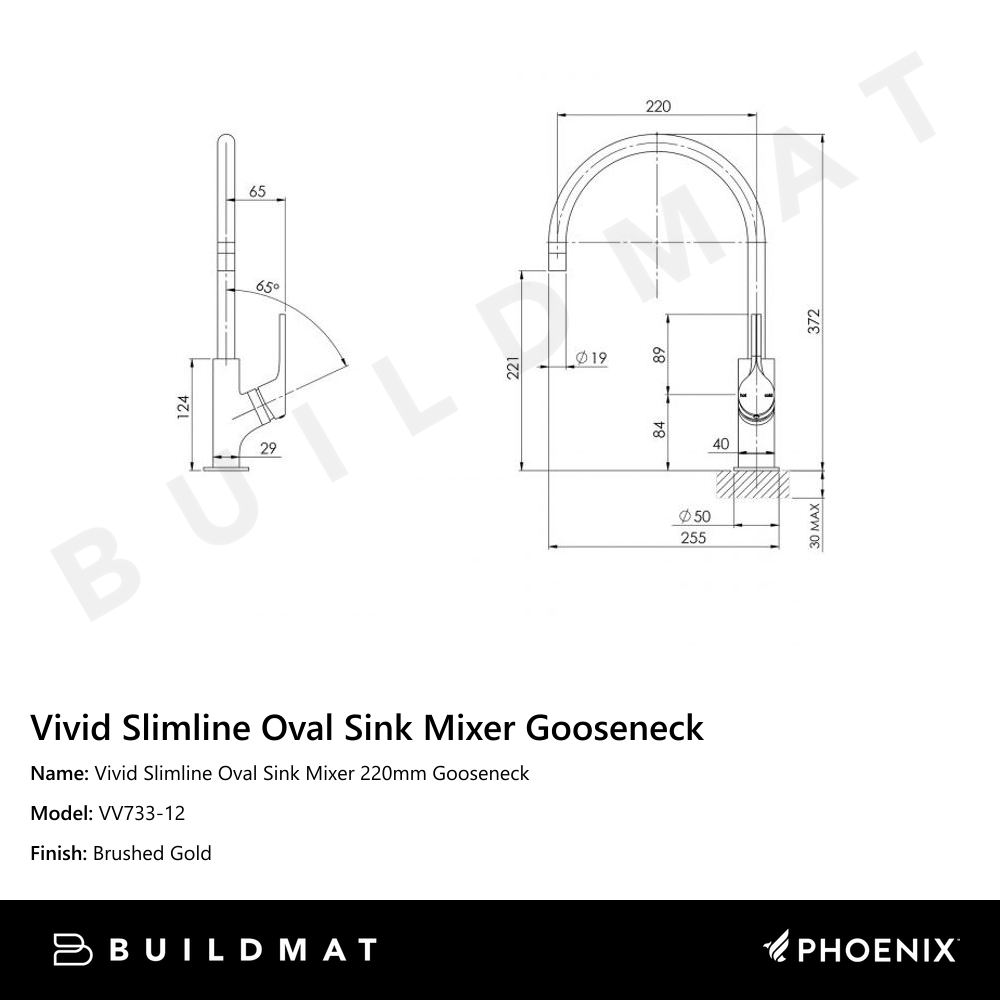 Vivid Slimline Oval Sink Mixer 220mm Gooseneck Brushed Gold