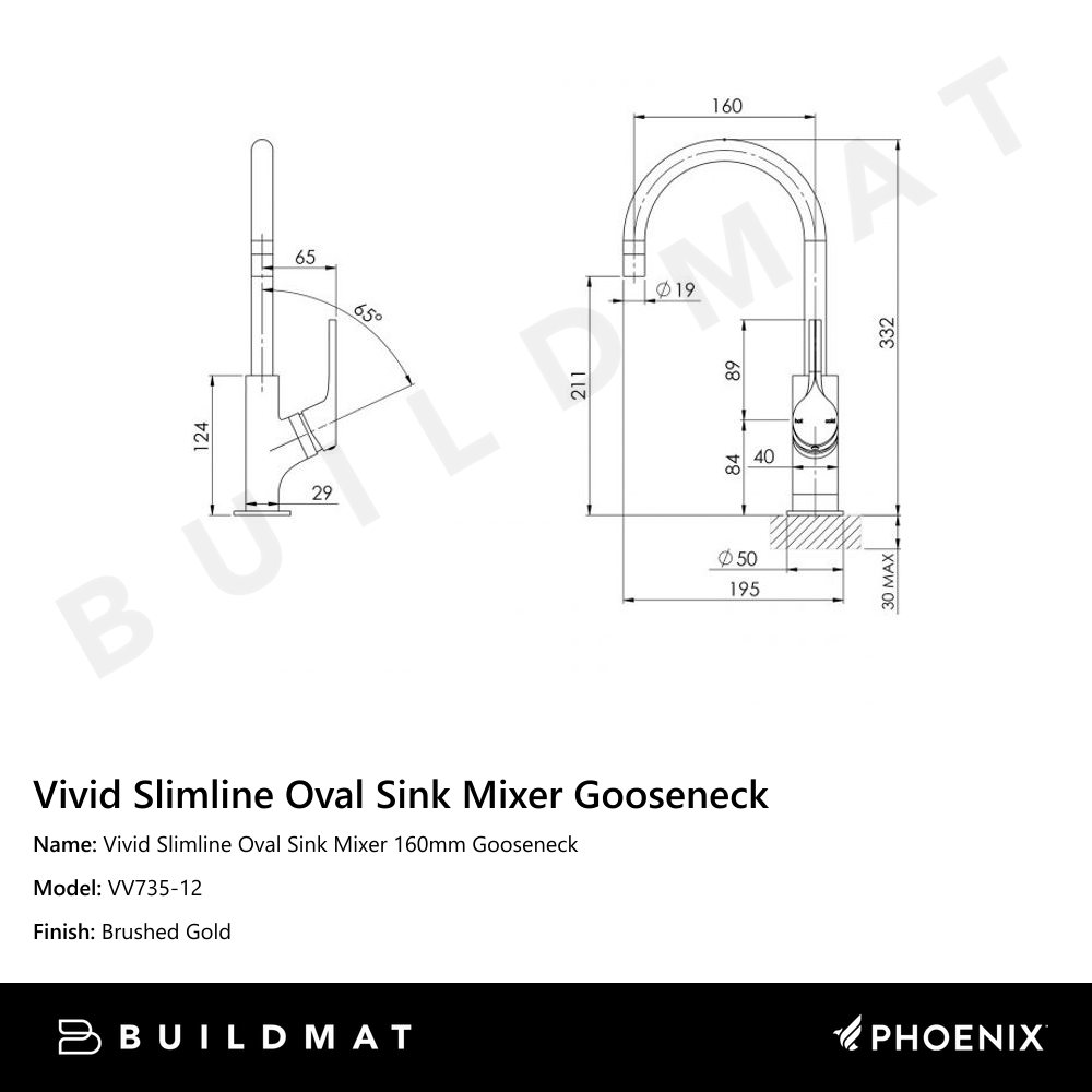 Vivid Slimline Oval Sink Mixer 160mm Gooseneck Brushed Gold