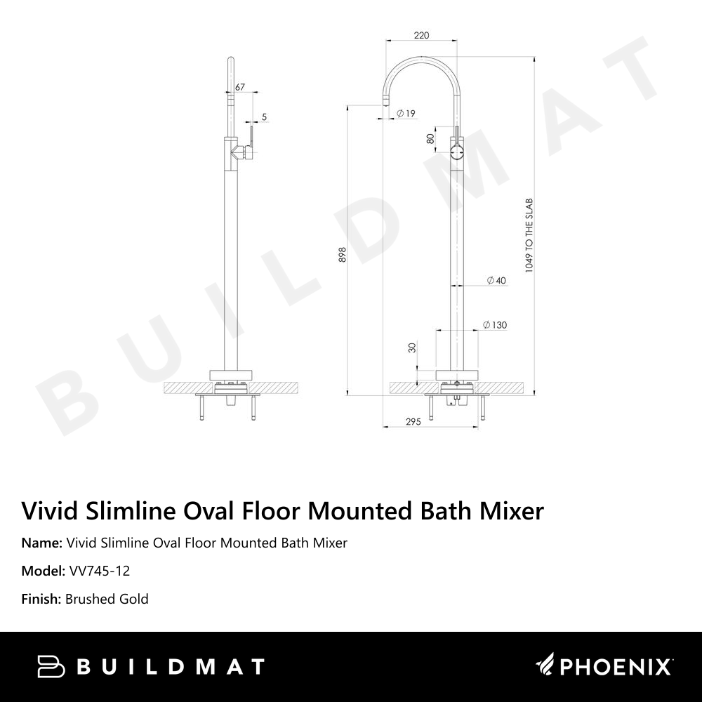 Vivid Slimline Oval Floor Mounted Bath Mixer Brushed Gold