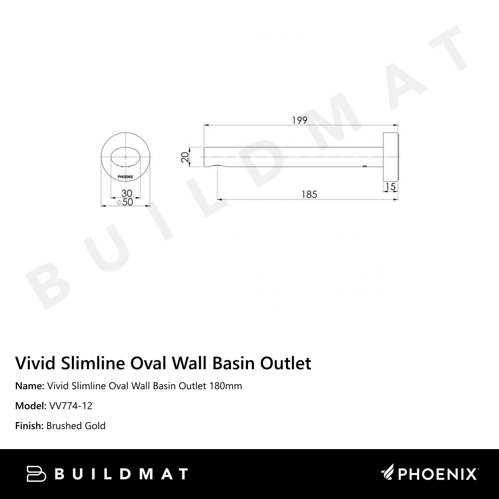 Vivid Slimline Oval Wall Basin Outlet 180mm Brushed Gold